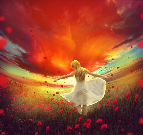 PS合成夕阳晚照下花海中奔跑的女孩缩略图