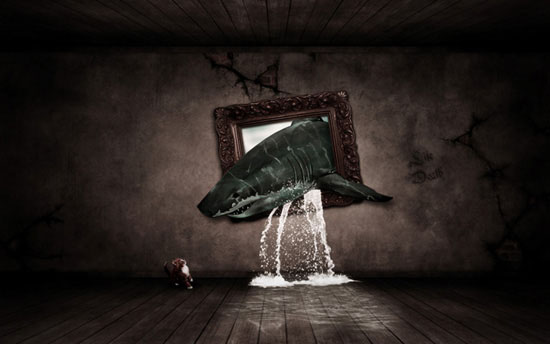 PS合成鲨鱼冲出相框的恐怖场景缩略图
